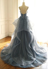 Blue Lace Top with Layers Tulle Prom Dresses, New Straps Evening Gown