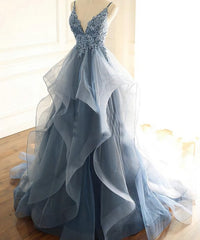 Blue Lace Top with Layers Tulle Prom Dresses, New Straps Evening Gown