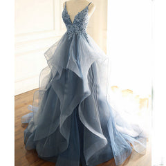 Blue Lace Top with Layers Tulle Prom Dresses, New Straps Evening Gown