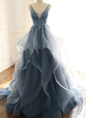 Blue Lace Top with Layers Tulle Prom Dresses, New Straps Evening Gown