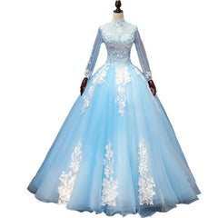 Blue Long Sleeves lace Tulle Sweet 16 Dresses, Light Blue Ball Gown Formal Dresses, Party Dresses