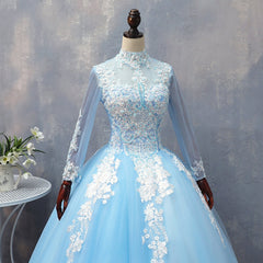 Blue Long Sleeves lace Tulle Sweet 16 Dresses, Light Blue Ball Gown Formal Dresses, Party Dresses