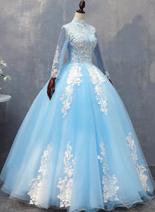 Blue Long Sleeves lace Tulle Sweet 16 Dresses, Light Blue Ball Gown Formal Dresses, Party Dresses