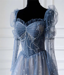 Blue Long Sleeves Sweetheart Beaded Tulle Formal Dress, Blue A-line Prom Dress