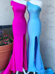 Blue Mermaid One Shoulder Satin Prom Dresses