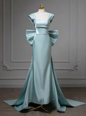 Blue Mermaid Satin Bow Prom Dresses