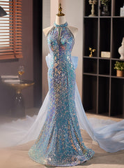 Blue Mermaid Sequins Beading Prom Dresses