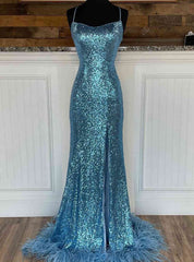 Blue Mermaid Sequins Spaghetti Straps Prom Dresses