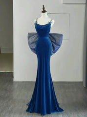 Blue Mermaid Velvet Spaghetti Straps Prom Dresses