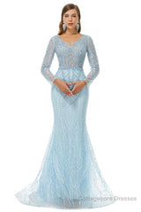 Neckline Long Sleeve Mermaid Lace Pattern Tulle Beading Prom Dresses