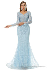 Neckline Long Sleeve Mermaid Lace Pattern Tulle Beading Prom Dresses