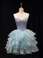 Blue Organza Crystal Homecoming Dresses