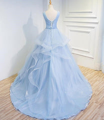 Blue Prom Dresses V-neck Ball Gown Sweep Train Party Dresses, Sweet 16 Gown