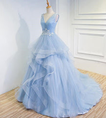 Blue Prom Dresses V-neck Ball Gown Sweep Train Party Dresses, Sweet 16 Gown