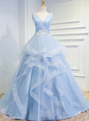 Blue Prom Dresses V-neck Ball Gown Sweep Train Party Dresses, Sweet 16 Gown