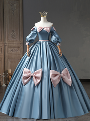 Blue Puff Sleeve Bow Quinceanera Dresses