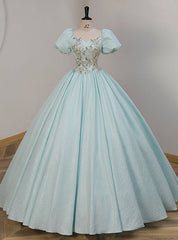 Blue Puff Sleeve Sequins Appliques Quinceanera Dresses