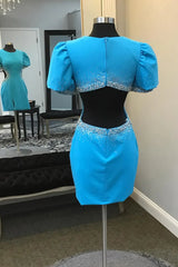 Blue Round Neck Beaded Bodycon Short Homecoming Dresses with Puff Sleeves