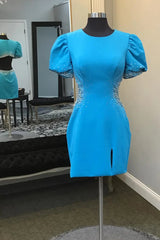 Blue Round Neck Beaded Bodycon Short Homecoming Dresses with Puff Sleeves