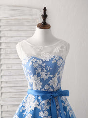 Blue Round Neck Tulle Lace Applique Tea Long Prom Dress, Bridesmaid Dress