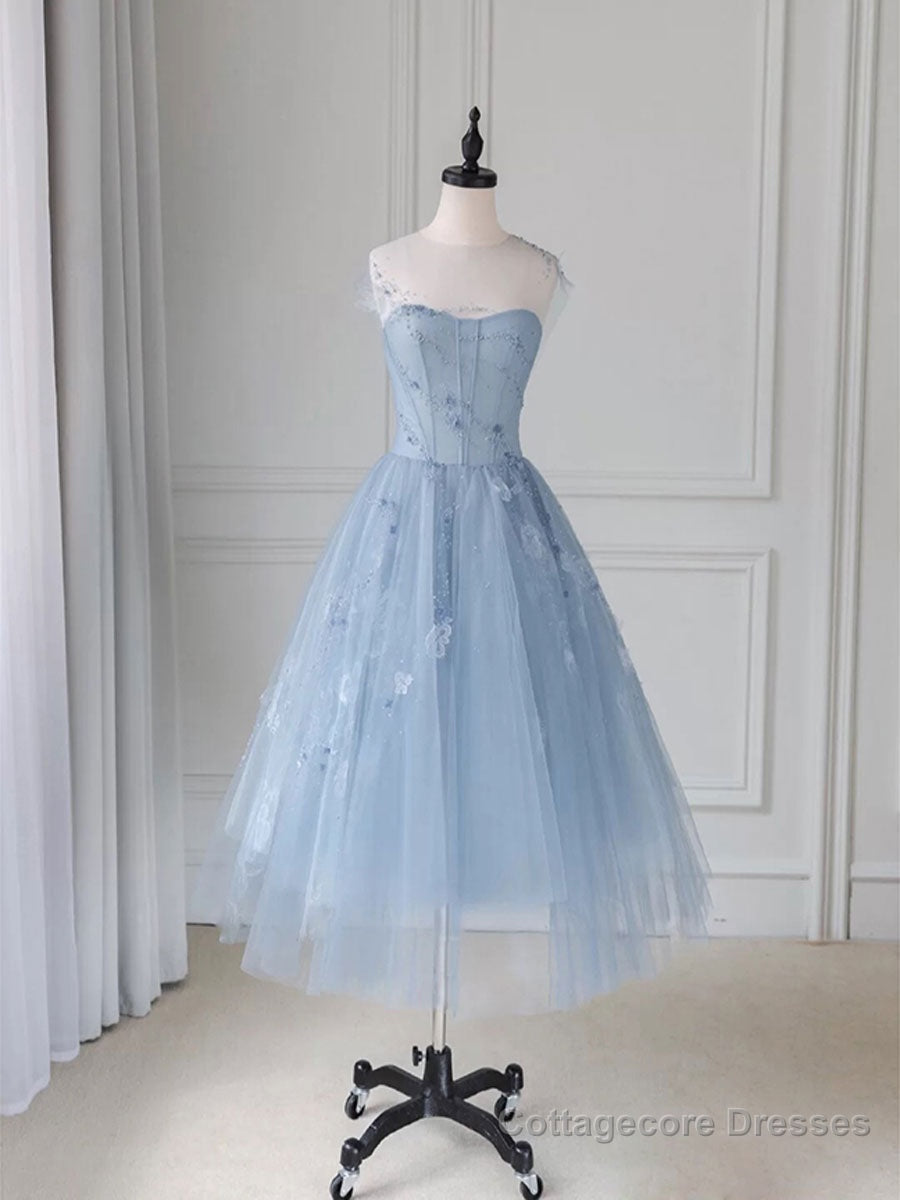 Blue round neck tulle lace short prom dress, blue homecoming dress