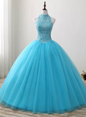 Blue Rulle Lace Appliques High Neck Backless Sweet 15 Dresses