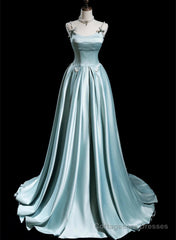 Blue Satin A-line Beaded Long Party Dress Prom Dress, Blue Evening Dress