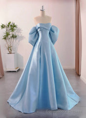 Blue Satin A-line Long Party Dress, Blue Satin Long Evening Dress Prom Dress