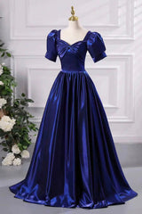 Blue Satin Floor Length Prom Dresses, A-Line Short Sleeve Backless Evening Party Dresses