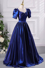 Blue Satin Floor Length Prom Dresses, A-Line Short Sleeve Backless Evening Party Dresses