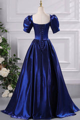 Blue Satin Floor Length Prom Dresses, A-Line Short Sleeve Backless Evening Party Dresses