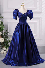 Blue Satin Floor Length Prom Dresses, A-Line Short Sleeve Backless Evening Party Dresses