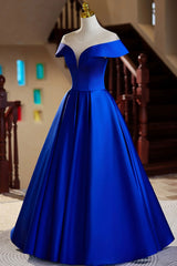 Blue Satin Floor Length Prom Dresses, Elegant A-Line Evening Party Dresses