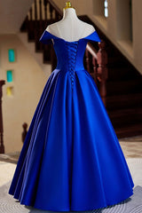 Blue Satin Floor Length Prom Dresses, Elegant A-Line Evening Party Dresses