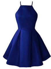 Blue Satin Halter Knee Length Bridesmaid Dresses, Royal Blue Homecoming Dresses