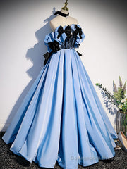 Blue satin lace long prom dress blue satin evening dress