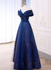 Blue Satin Long A-line Formal Dress Prom Dress, Off Shoulder Blue Evening Dress