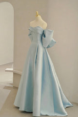 Blue Satin Long Prom Dress with Big Bow, Blue A-Line Evening Party Dress