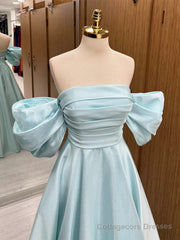 Blue Satin Off Shoulder Long Party Dress, A-line Blue Prom Dress