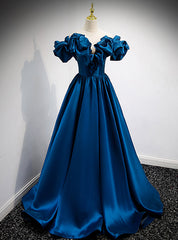 Blue Satin Off the Shoulder Prom Dresses