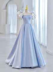 Blue Satin Puf Sleeve Bow Prom Dresses