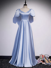 Blue Satin Puff Sleeve Pearls Beading Prom Dresses