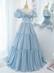 Blue Satin Puff Sleeve Pleats Prom Dresses