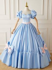 Blue Satin Puff Sleeve Quinceanera Dresses With Bow