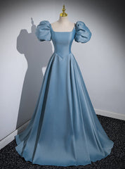 Blue Satin Puff Sleeve Square Neck Prom Dresses