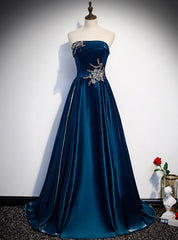 Blue Satin Strapless Beading Appliques Prom Dresses