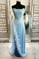 Blue Satin Strapless Pleats Feather Prom Dresses