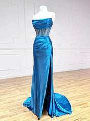 Blue Satin Strapless Pleats Split Prom Dresses