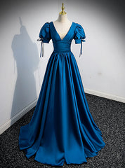 Blue Satin V-neck Short Sleeve Pleats Prom Dresses