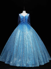 Blue Sequins Beading Straps Quinceanera Dresses